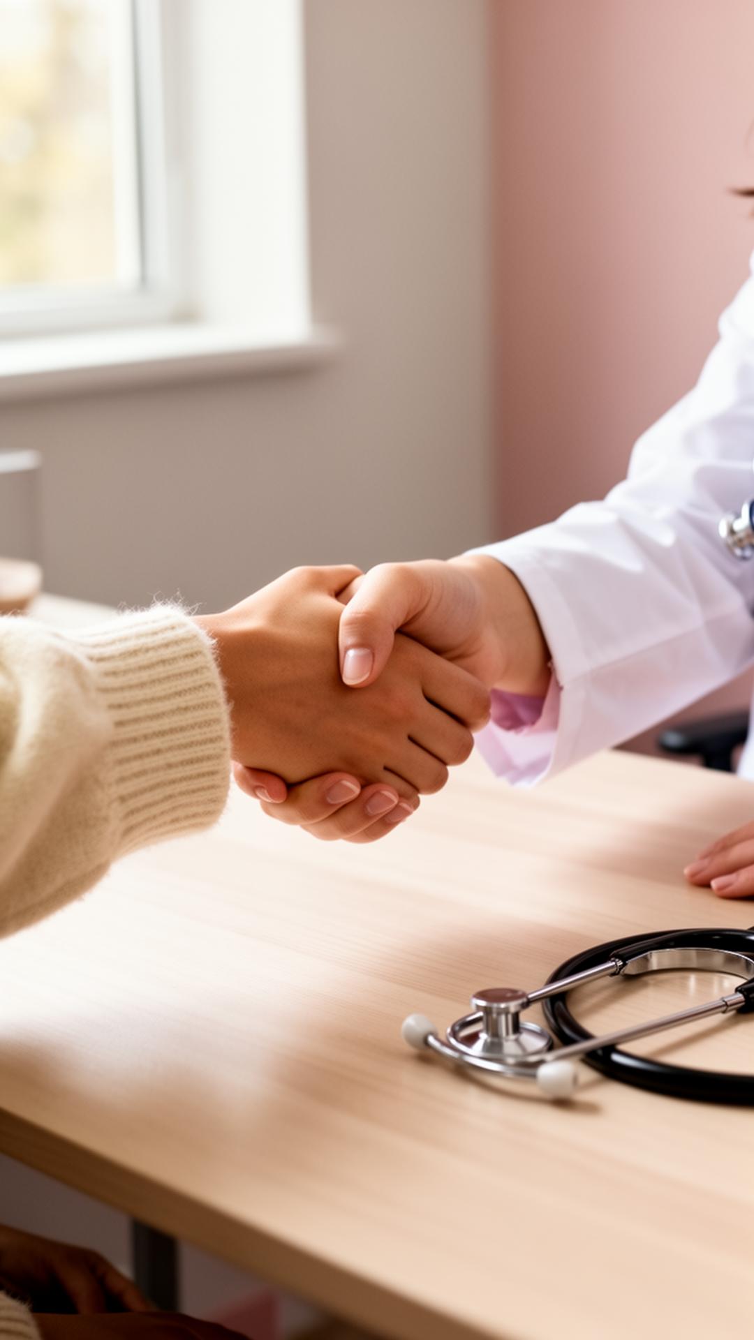 Patient and provider in partnership — handshake at desk